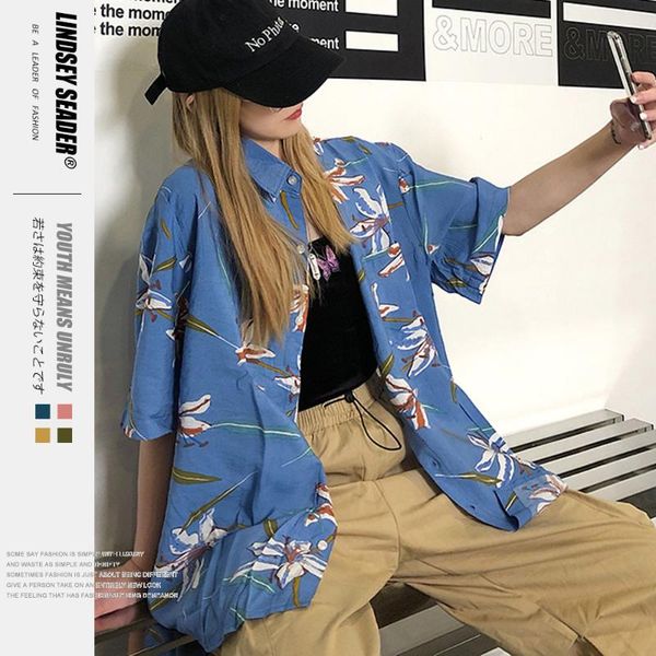 

lindsey seader flowers printed beach shirts mens casual summer hawaiian aloha fancy holiday shirts hip hop shirt streetwear, White;black