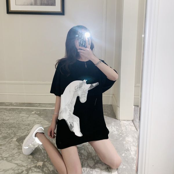 

summer new korean harajuku personalized print tees loose unicorn print long black short-sleeve women t-shirt, White