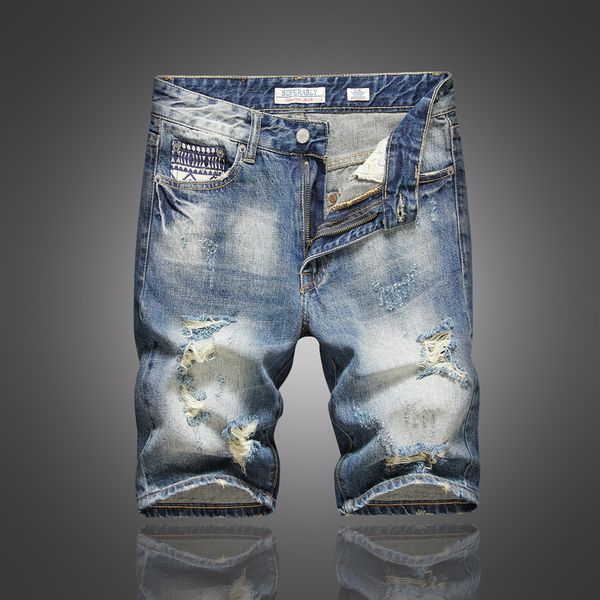 

мода streetwear мужские джинсы шорты ретро синий разрушенное рваные джинсовые шорты мужчины новые designer summer hip hop короткие джинсы ho, Blue
