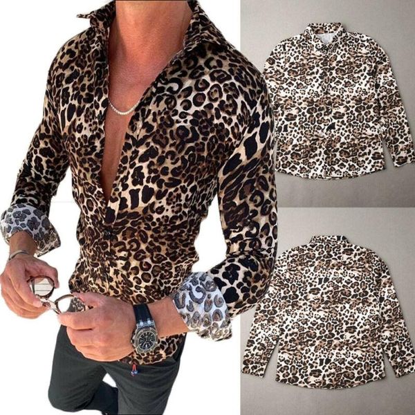 

2019 мужская рубашка осень леопард с длинным рукавом отложным воротником slim fit повседневные рубашки топы -3xl, White;black