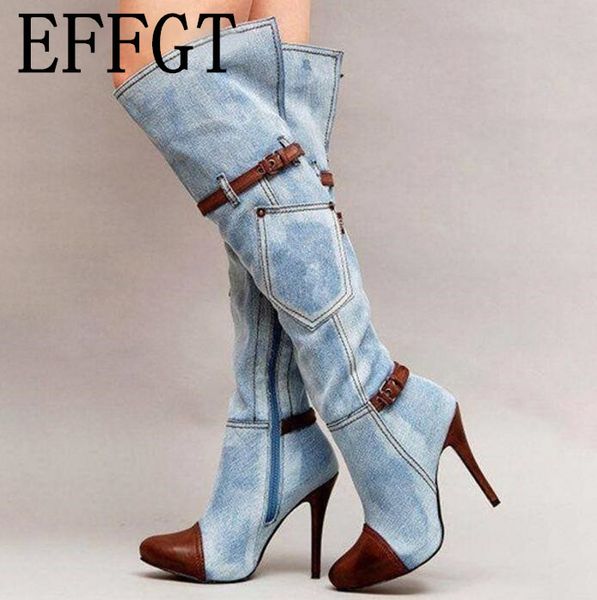 

effgt women stretch slim thigh high boots fashion over the knee high heel buckle stiletto heel winter denim long boots z291, Black