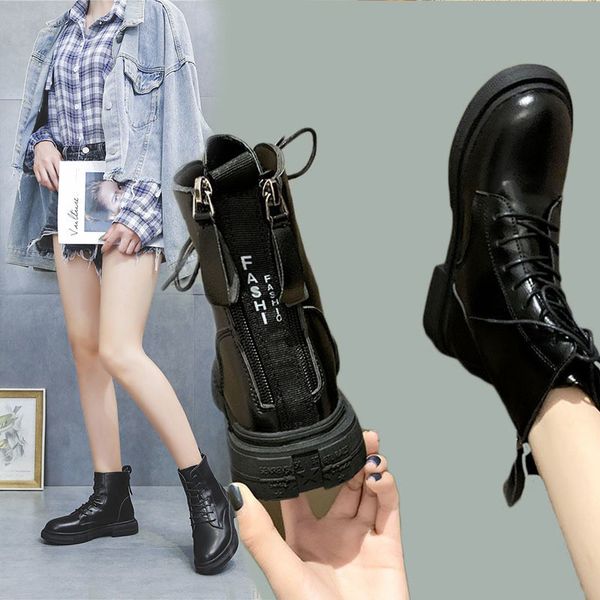 

lady boots booties woman 2019 low heel round toe boots-women women shoes autumn lace up winter footwear luxury designer zipper, Black