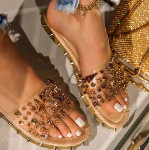 

2020 studded flat sandals summer women slippers beach shoes individual metal decoration outside open, Black