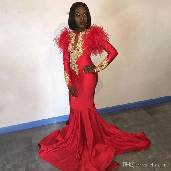 

african red 2019 prom dresses long sleeves gold appliques feathers satin formal mermaid evening dress black women party gowns, Black;red