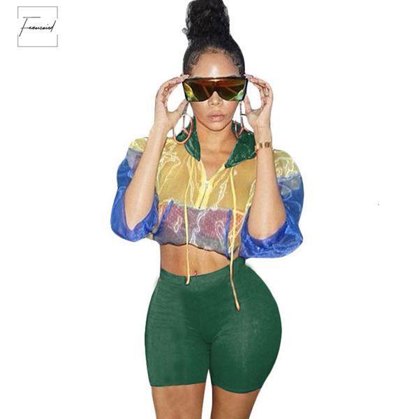 

two piece set womens costumes contrast color hooded crop and skinny shorts female suits autumn sweatsuits, Gray