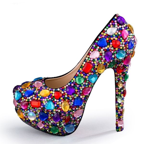 

2018 high heel pumps crystal embellished platform shoes woman rainbow wedding heels rhinestones heels shoes, Black