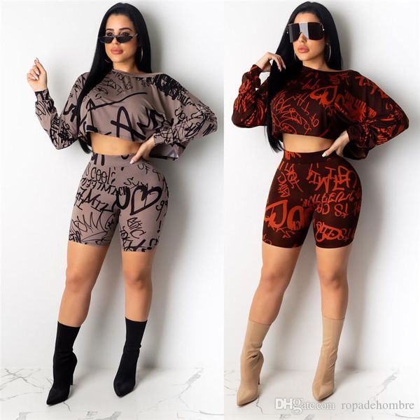 

письмо printed женщины конструктор костюмы клуба 2 шт короткие штаны sexy тонкий тощие с длинным рукавом экипаж шеи мода женские костюмы, Gray