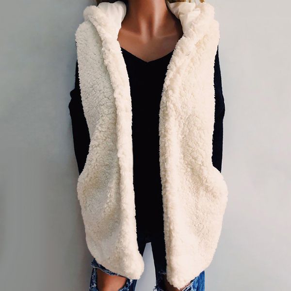 

женщины новый берберский флис жилет с капюшоном повседневная меховая куртка пальто осень зима карман капюшоном без рукавов меховой жилет жен, Black;white