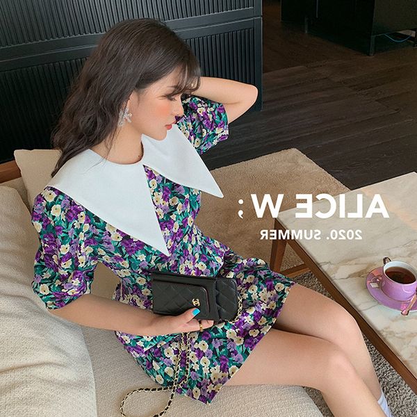 

factory direct spring 2020 new korean womens pointed collar floral dress short sleeve waist chiffon a- line skirt tide, Red