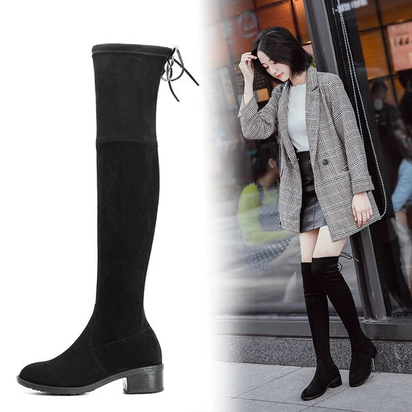 

winter boots lady leather women's shoes lace up luxury designer thigh high heels high booties ladies boots-women, Black