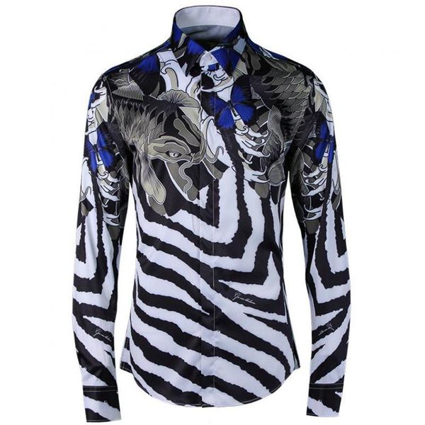 

mens shirts luxury striped fish shaped printing metrosexual mens dress shirts plus size 4xl casual long sleeve man, White;black