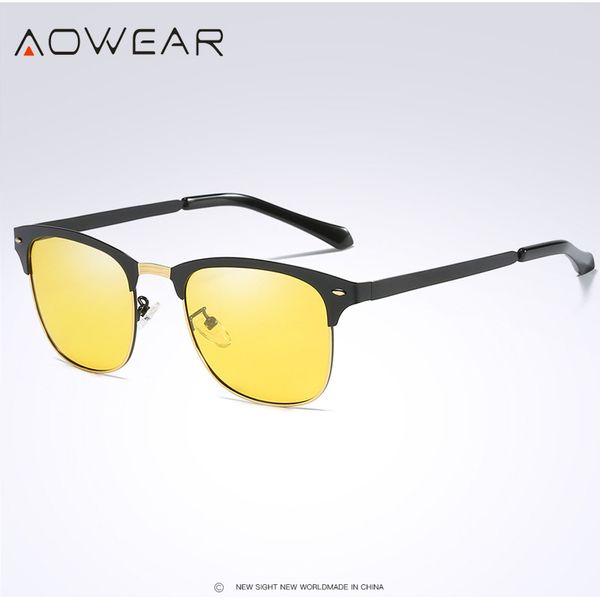

aowear ретро заклепки желтый солнцезащитные очки мужчин поляризованные ночного видения очки унисекс круглый солнцезащитные очки половина рам, White;black