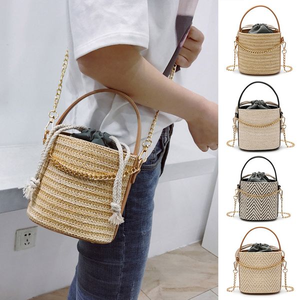 

1pcs women straw woven handbag vintage chain large capacity messenger bag sale-wt