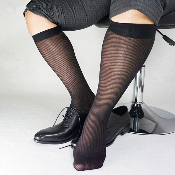 

twill striped mesh nylon silk socks for men business soft sheer light weight formal dress suit knee length long socks, Black