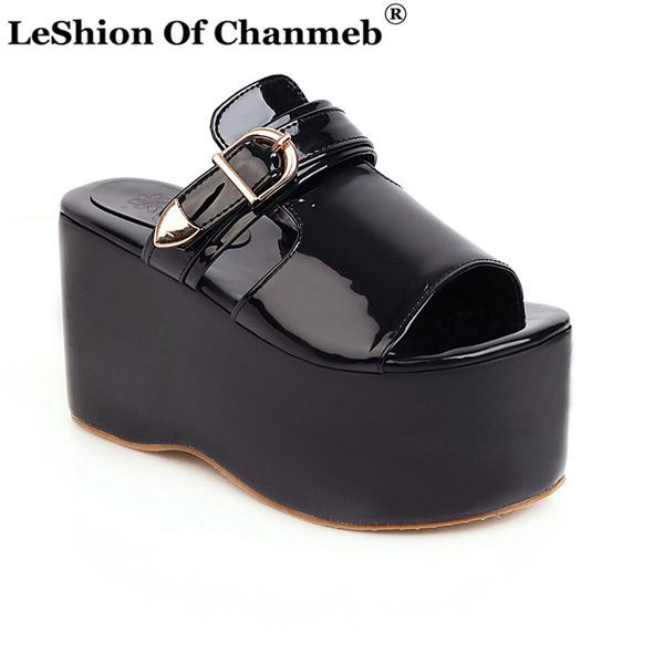 

chic platforms slippers women metal buckle chunky heel gothic shoes slides woman ladies large size 48 flip flops sandalias mujer, Black