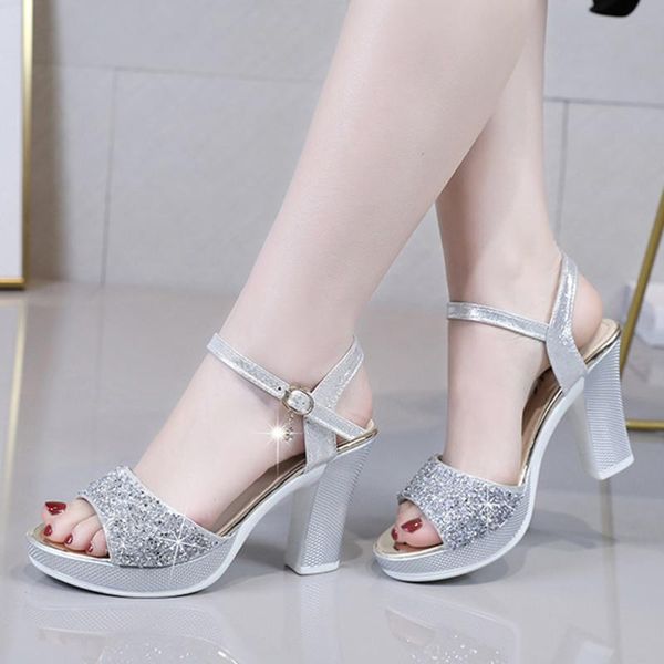 

женщины платформы сандалии моды блочные пяток женщины bling кристалл кожа высокий каблук сандалии peep toe женская sandalias mujer, Black