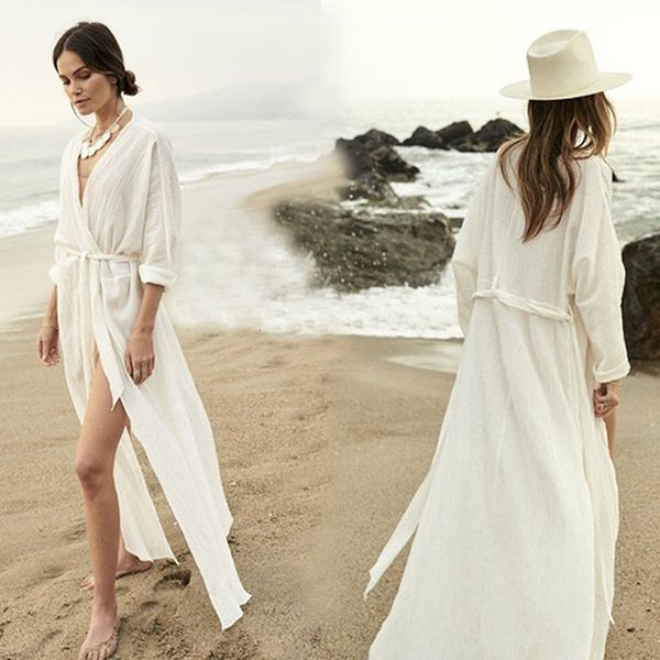 

forerun lange kimono vest casual riem zomer strand kimono effen wit vrouwen vakantie cover ups, White
