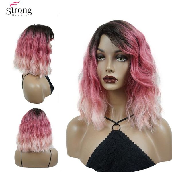 

strongbeauty women's medium length curly pink wig ombre natura side bang style synthetic wigs hair, Black