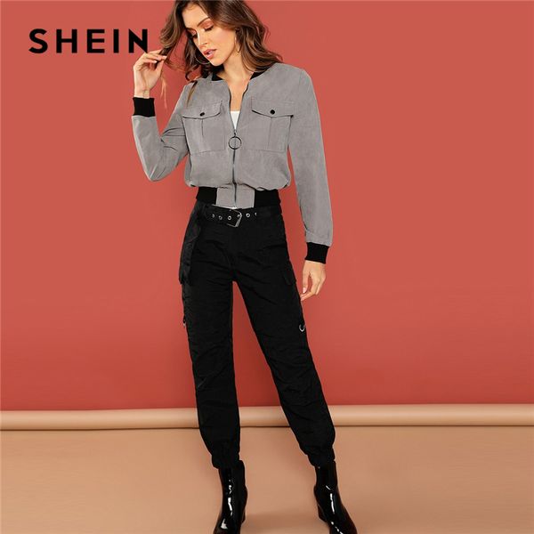 

серая повседневная сплошная пуговица на молнии с клапаном и карманом с воротником-стойкой с коротким пиджаком осень современное женское паль, Black;brown