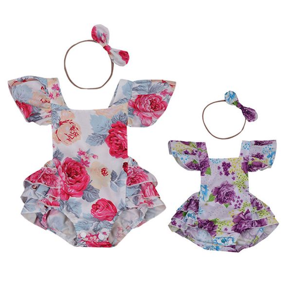 

us stock kids baby girls flowerone piece beachwear bodysuit romper + headband jumpsuit sunsuit outfit