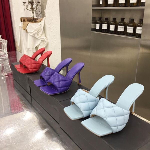 

2020 real leather high heel mules summer slippers party shoes women purple red brown plaid leather brand women shoes, Black
