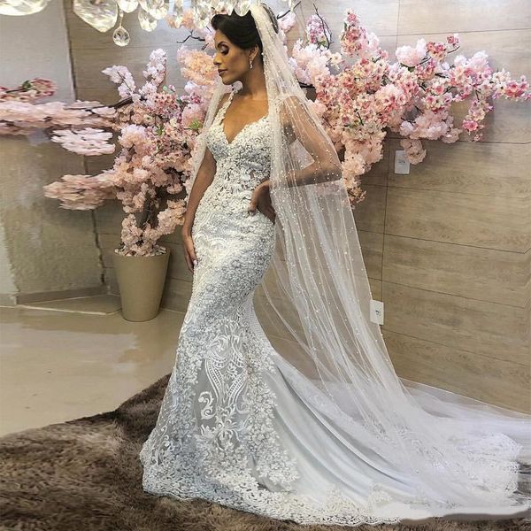 

gorgeous mermaid 2020 wedding dresses sheer v neck beaded lace applique bridal dress wedding gowns plus size vestido de noiva, White