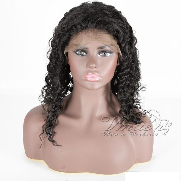

vmae peruvian natural color remy virgin 130 density 12 to 26 inch water wave lace front wigs soft human hair wig, Black;brown