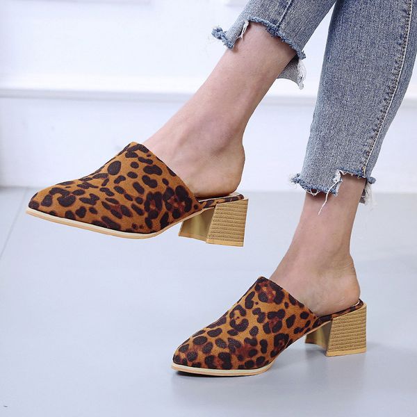

35-43 baotou large size slippers women 2020 summer fashion new leopard comfortable women's shoes with thick heel casual slippers, Black
