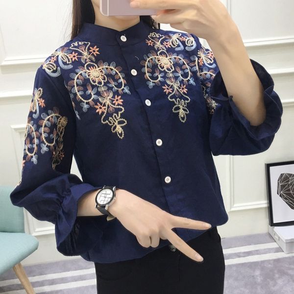

fashion flower embroidered loose shirt embroidery blouse women shirt blusas rk, White