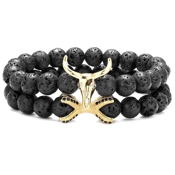 

европейские и американские тенденции моды бык голова черная лава камень чакра исцеление браслет мужчин и женщин подарок ювелирных изделий ша, Black