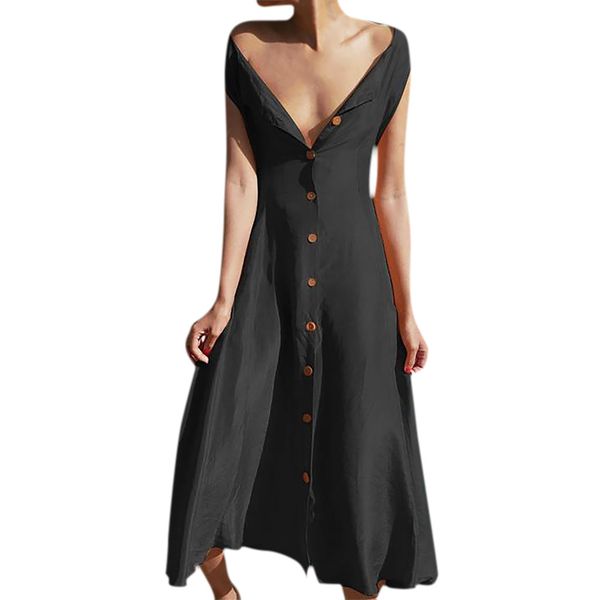 

swimwear women summer sleeveless v-neck solid color button loose beach dress beach cover up beachwear women swimsuit #b, Blue;gray