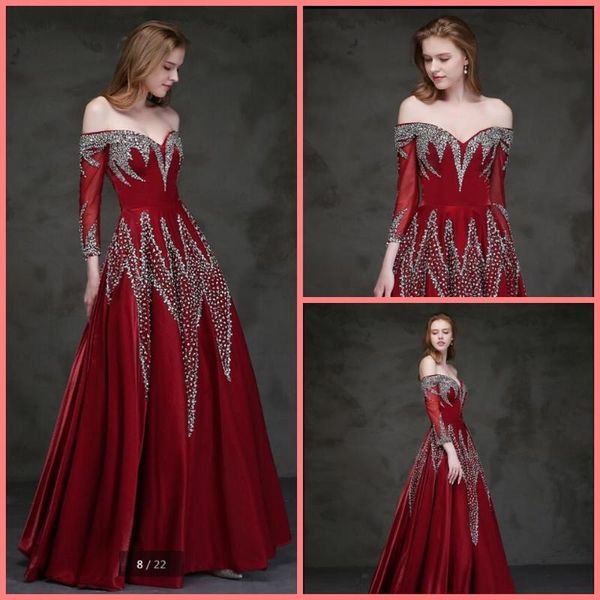 

2020 новое поступление вино тюль линия с плеча платье выпускного вечера 3/4 рукав бисероплетение блестки сексуальный корсет длинные платья в, White;black