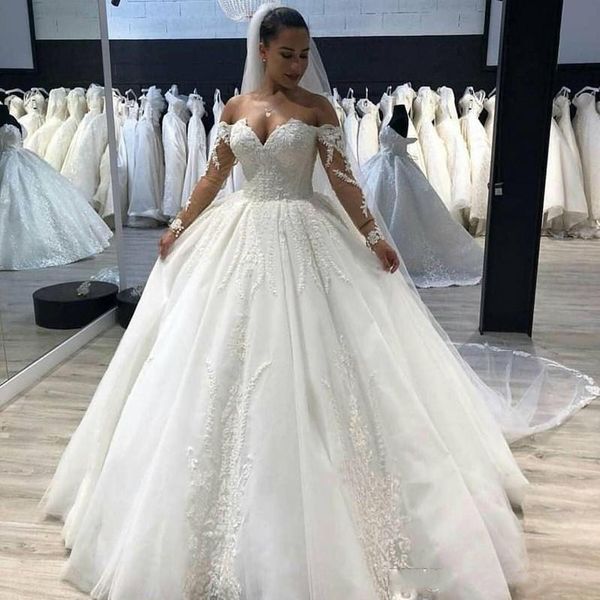 

2020 новейший плеча бальное платье свадебное платье lace аппликация sheer с длинным рукавом милая плюс размер свадебное платье часовня bc199, White
