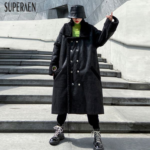 

superaen leather warm parkas coat 2019 new winter thick pluz size loose thick parkas coat female solid color women clothing, Black
