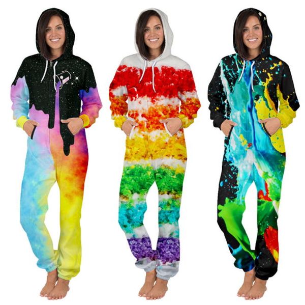 

colorful tie-dyed couple clothes full sleeve hooded rompers women mens jumpsuits zipper with pocket autumn/winter casual bodysuit, Black;red