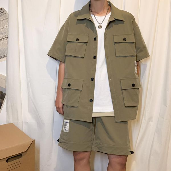 

2019 summer men casual loose solid color multi-pocket work short sleeve shirt elastic waist cargo shorts trousers homme -3xl, Gray