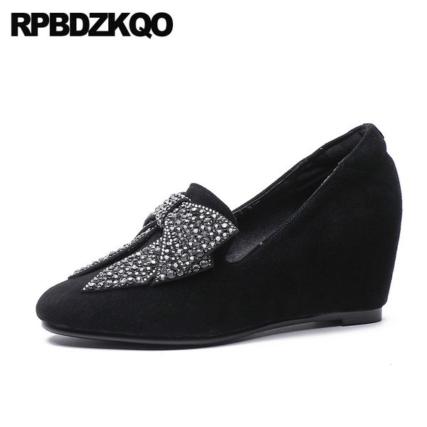 

slip on high heels diamond round toe black crystal bow hidden 2019 rhinestone suede sheepskin shoes women size 4 34 pumps
