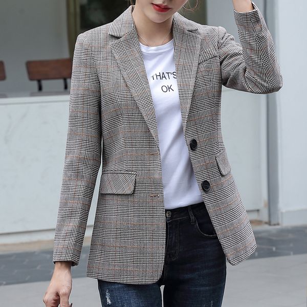 

autumn casual plaid women blazer jacket notched collar single breasted female suit coat fashion outerwear blaser femme jacket, White;black