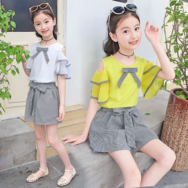 

women's big children's summer clothes women's style big child style 2020 shoulder-exposed plaid suit foreign fashion children