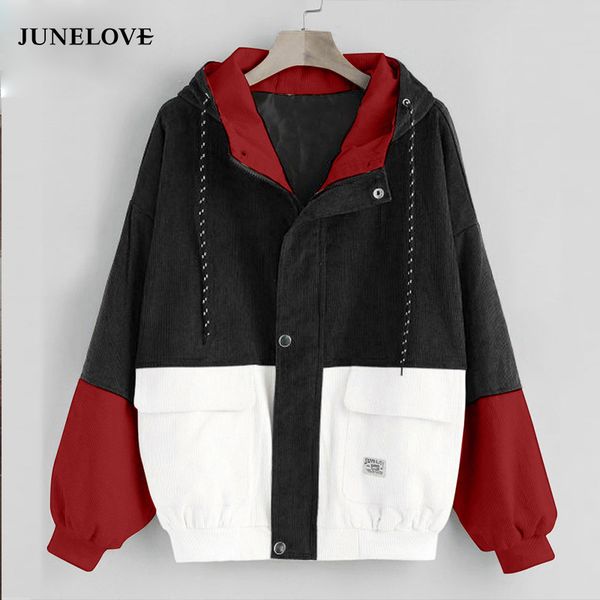 

junelove long sleeve corduroy women jacket spring women jacket plus size zipper female coat color block patchwork outwears, Black;brown