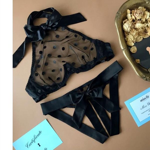 

2pcs women see through lingerie dot bra thong underwear set nightwear
