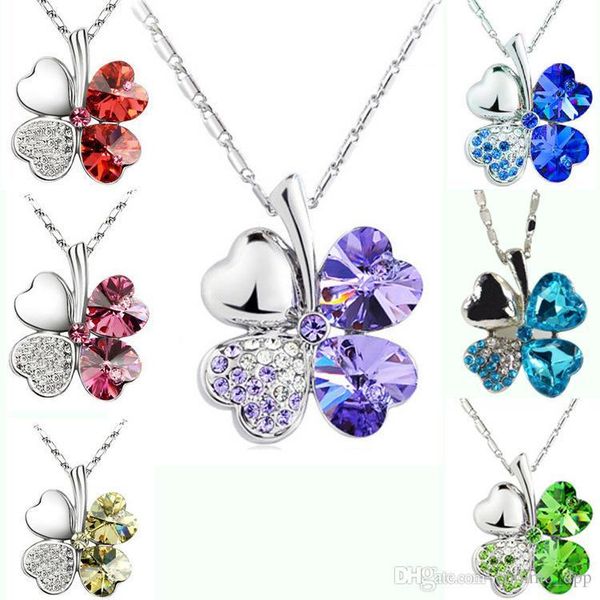 

luxury austrian crystal necklaces 10 colors four-leaf clover plant leaves pendant silver plated chains for women fashion jewelry gift