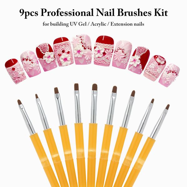 

9pcs professional uv gel acrylic nail brushes kit builder nail art design painting pen set carving brush art tool