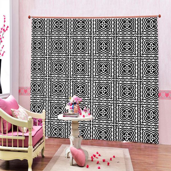 2019 Black White Geometric Flowers Graphics Fabric 3d Curtain For