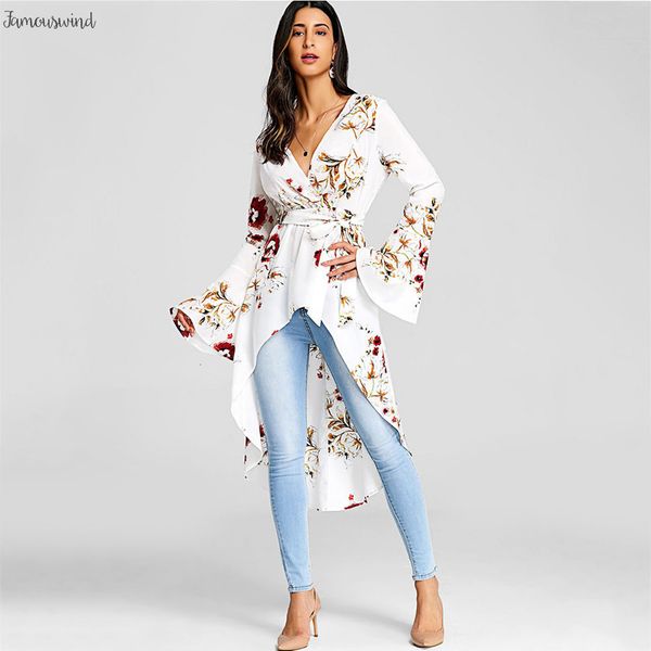 

женщины белл блуза цветочные high low fishtail top sleeve мода погружаясь шею длинным рукавом длинные блузы blusas, White
