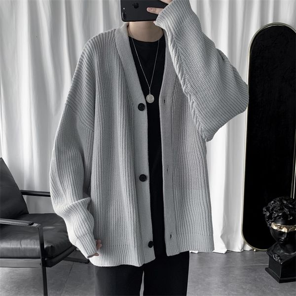 

autumn winter cardigan men's fashion solid color casual v-neck knit sweater jacket men loose sweater coat mens sweter clothes, White;black