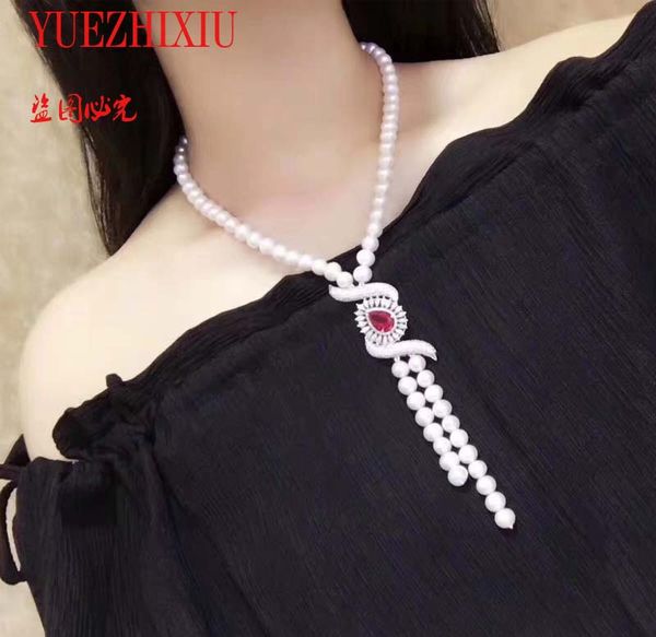 

sell style 8-9mm 18inch white freshwater pearl necklace inlay zircon exquisite eyes accessories sweater chain jewelry, Silver