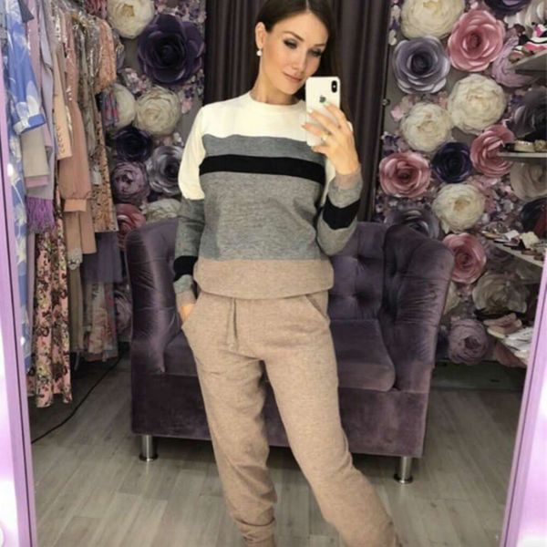 

new autumn knitted sweater tracksuit women 2 two piece set pants knitted suit o neck women stripe splicing two piece set, White