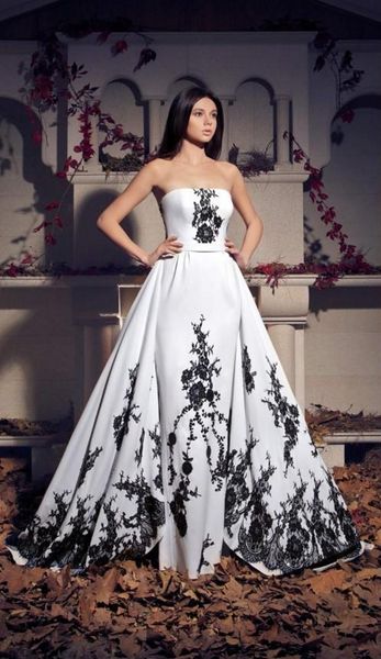 Vintage schwarz-weiße Gothic-Brautkleider, trägerlos, abnehmbare Schleppe, nicht traditionelle Brautkleider für Damen mit Farbe nach Maß