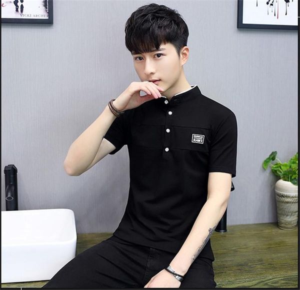 

mens pure color casual tshirts fashion stand collar short sleeve tees designer mens applique button summer clothes, White;black